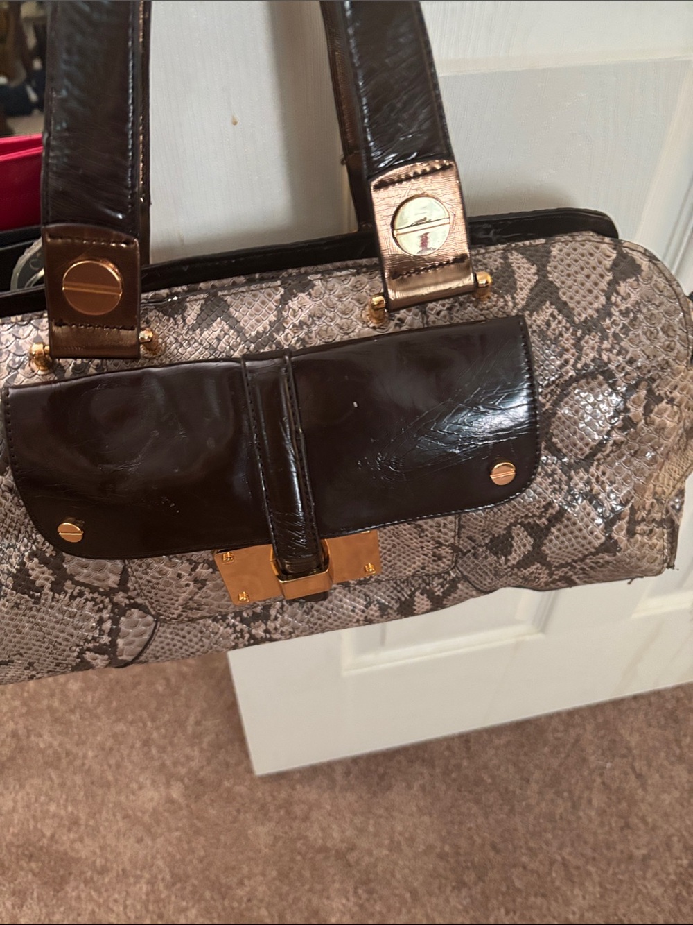 Snake-Print Shoulder Bag with Dark Brown Patent Accents